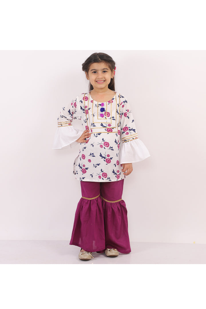 White Printed Kurta With Purple Sharara Set