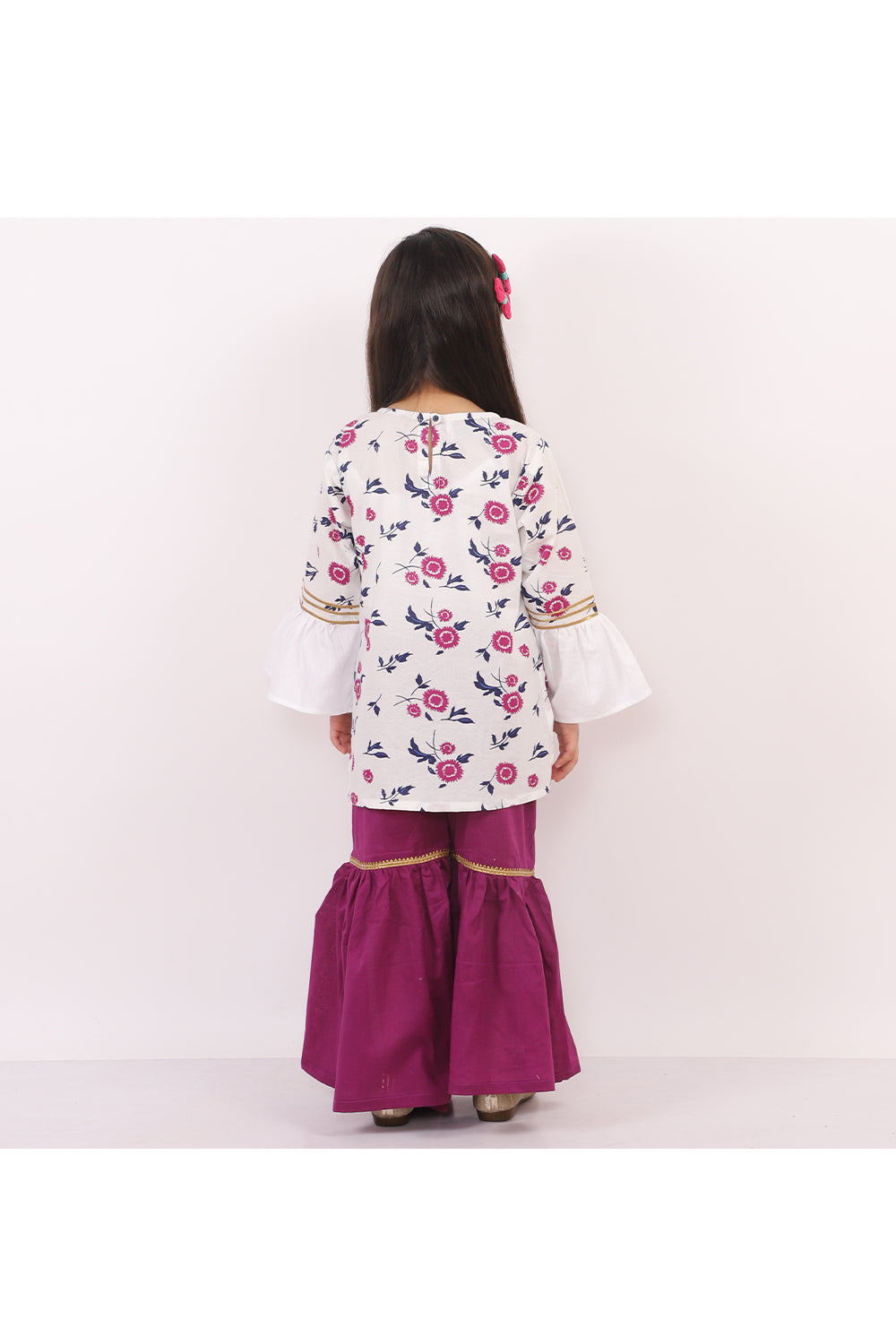 White Printed Kurta With Purple Sharara Set