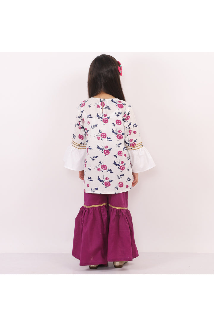 White Printed Kurta With Purple Sharara Set