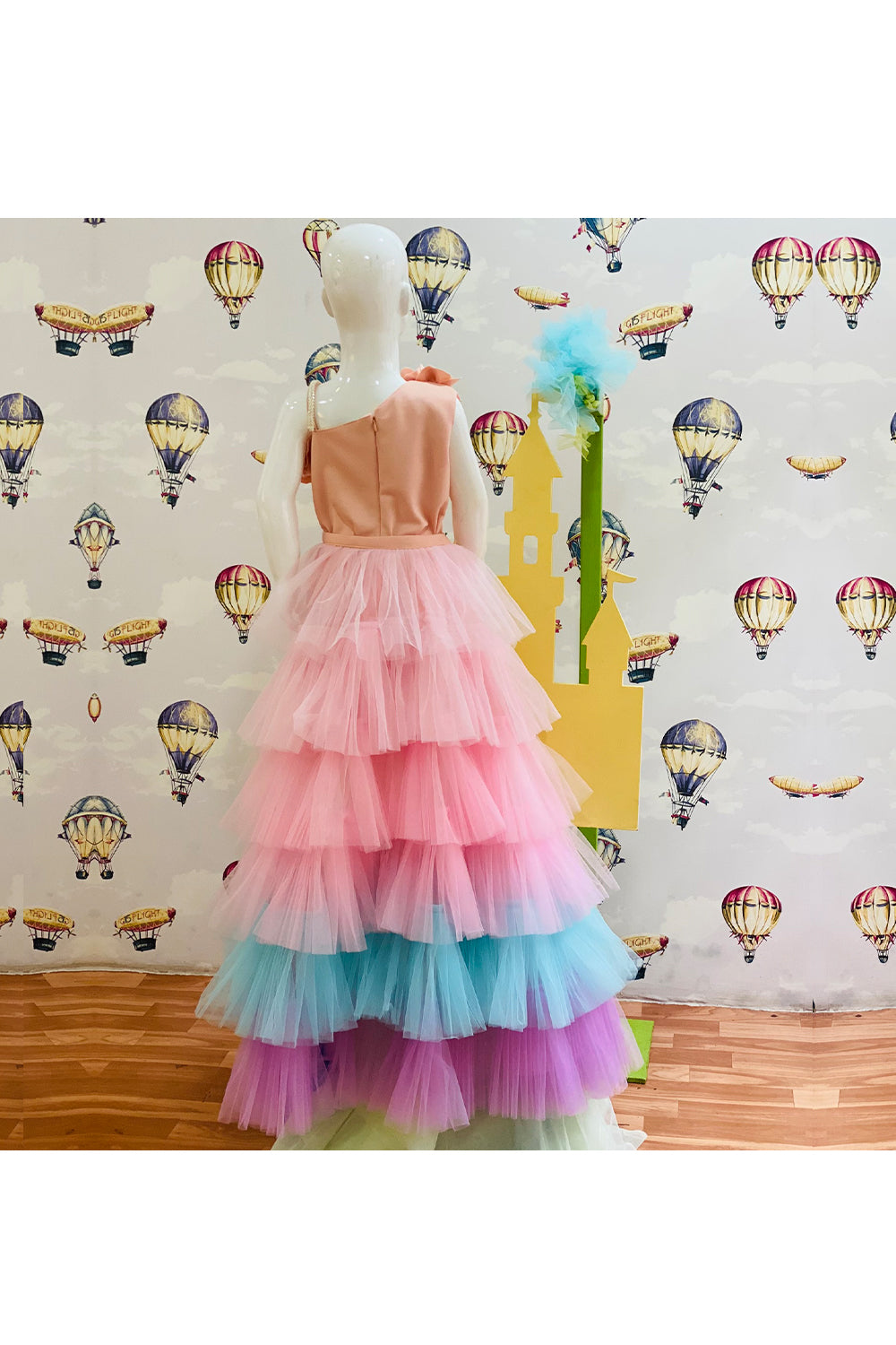 Peach One Shoulder Dress With Detachable Frill Trail