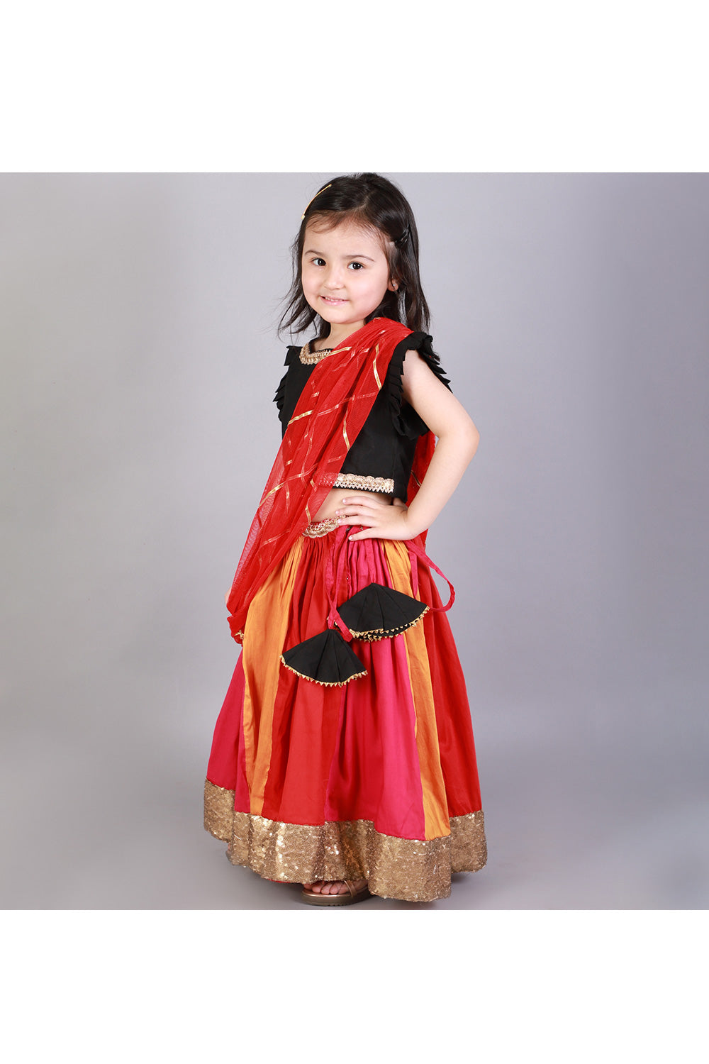 Black Cotton Silk Ruffle Top With Multicolor Lehenga Set