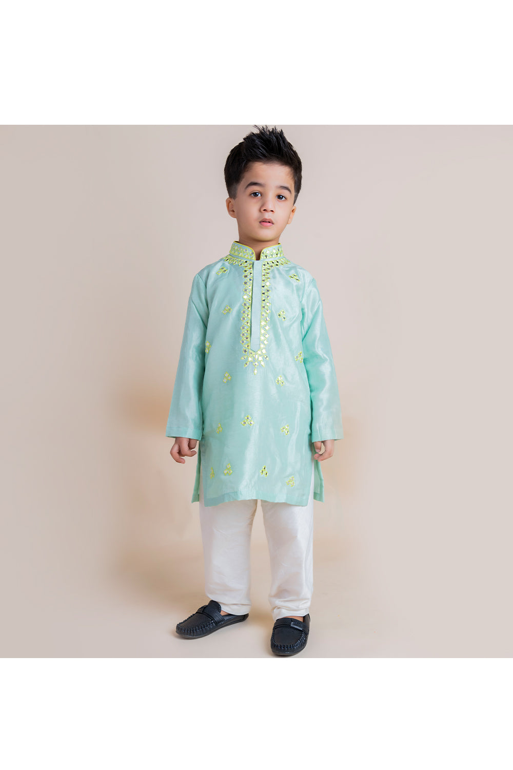 Mirror work kurta with white churidar