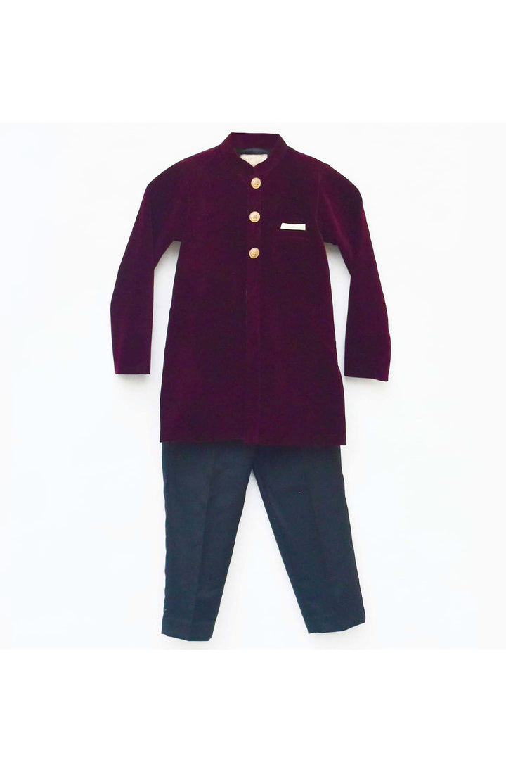 Wine Velvet Ajkan With Black Pant Set