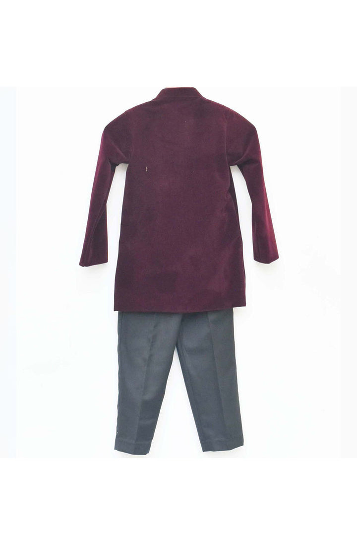 Wine Velvet Ajkan With Black Pant Set
