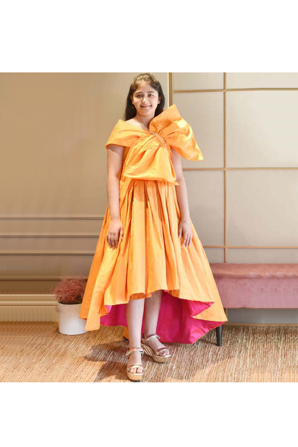 Orange Off Shoulder Bow High Low Taffeta Gown