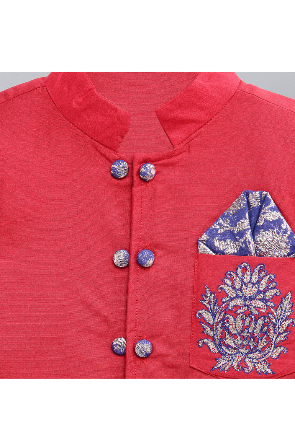 Red Cotton Silk Embroidered Short Bandhgala With Pant Set