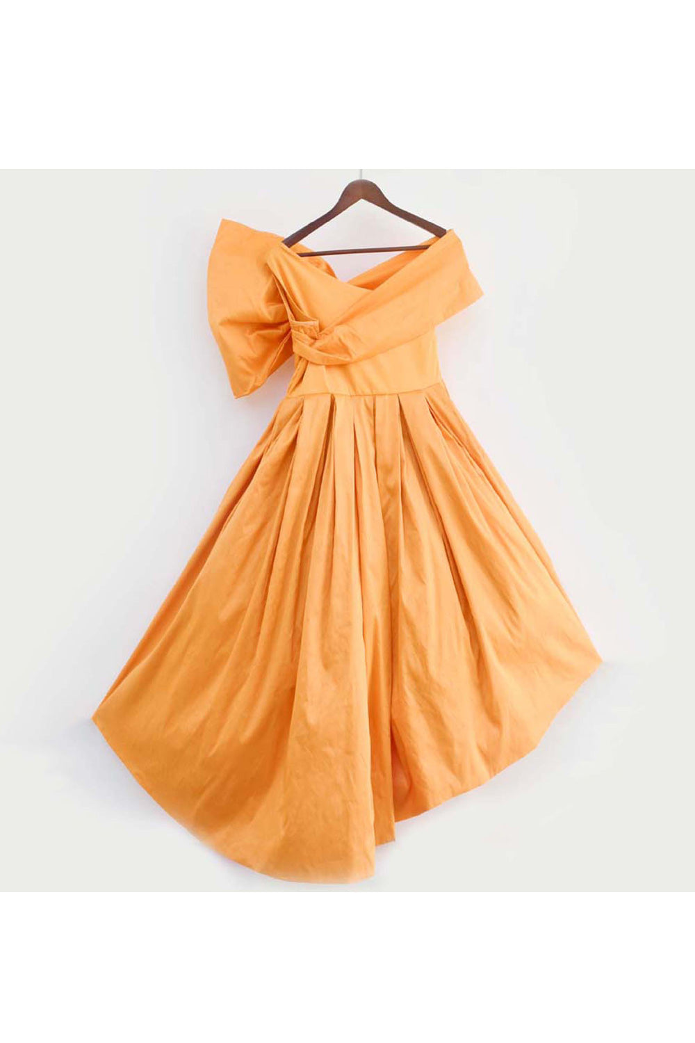 Orange Off Shoulder Bow High Low Taffeta Gown