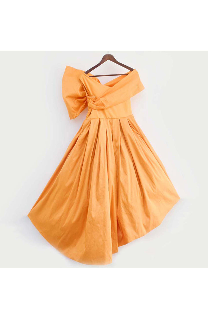Orange Off Shoulder Bow High Low Taffeta Gown