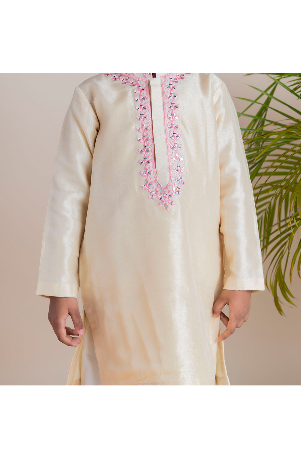 Beige mirror work kurta with white churidar