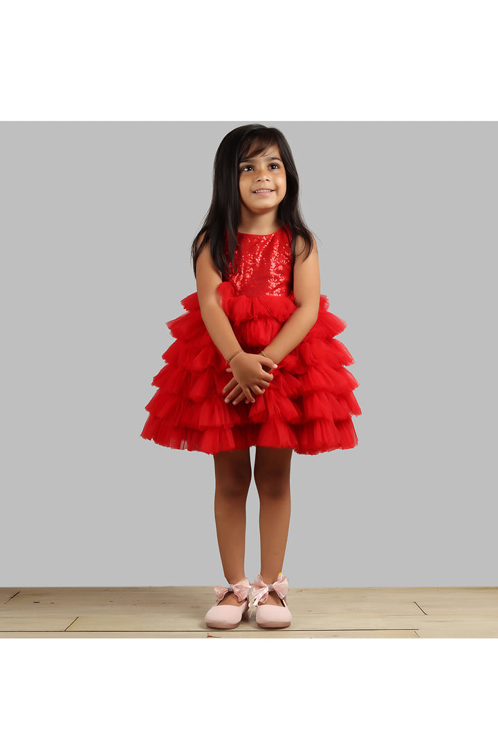 Red sequins sleeveless frills dress
