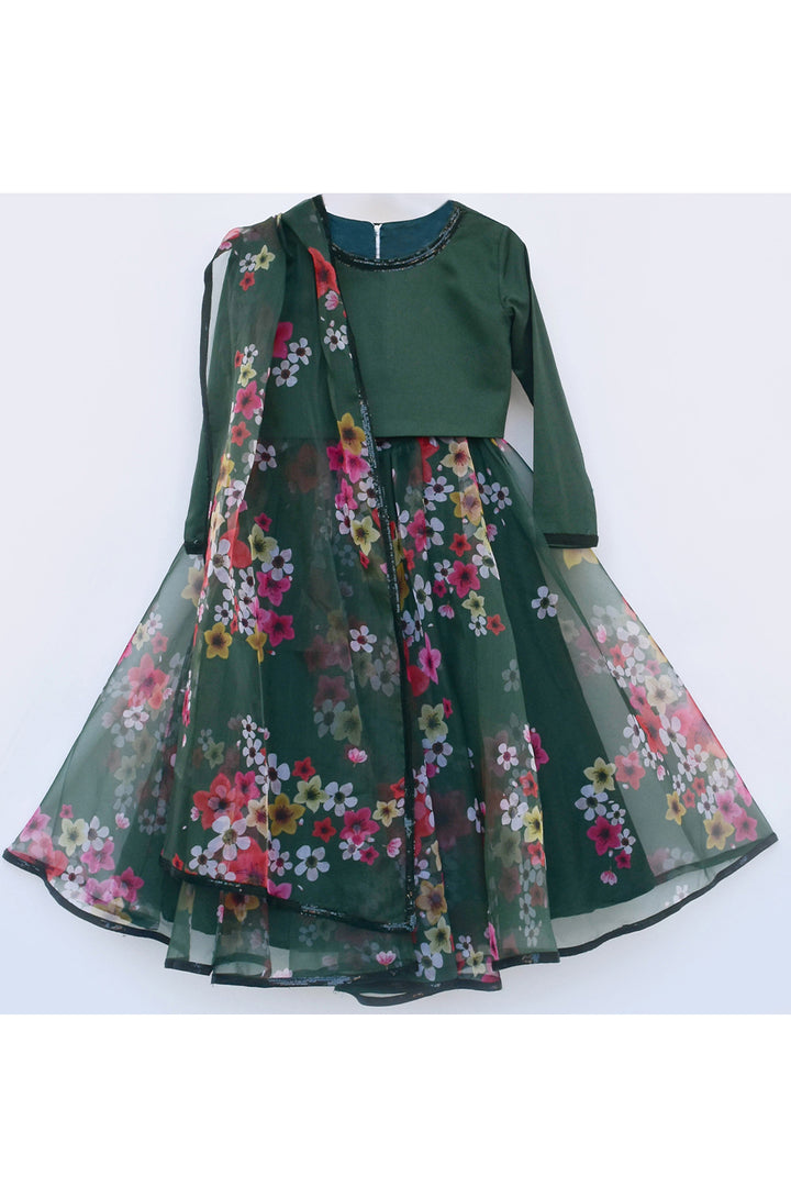 Green Top With Organza Printed Lehenga And Dupatta Set