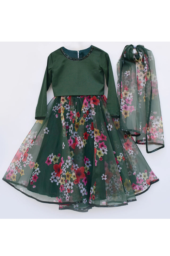 Green Top With Organza Printed Lehenga And Dupatta Set