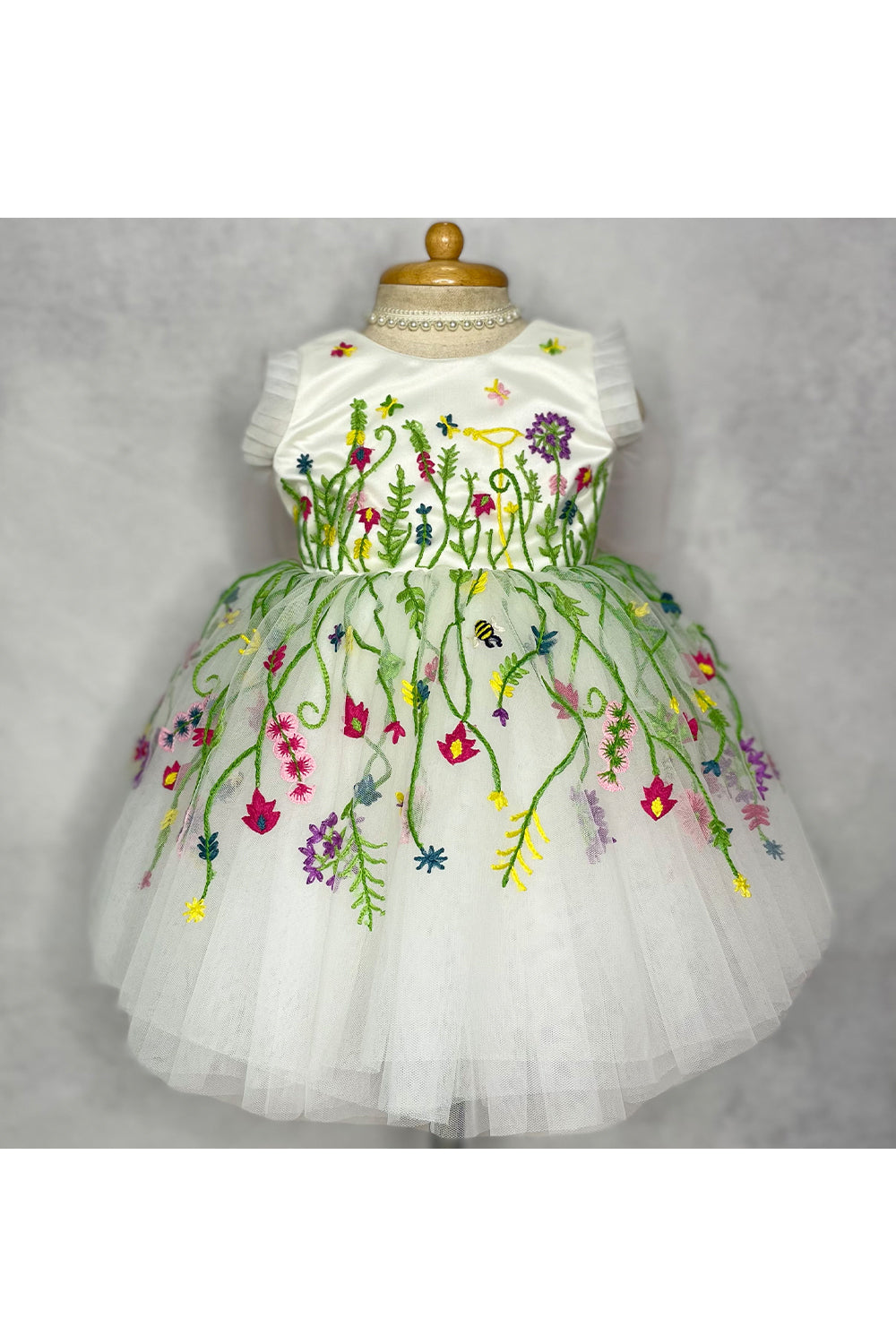 White hand embroidered net gown