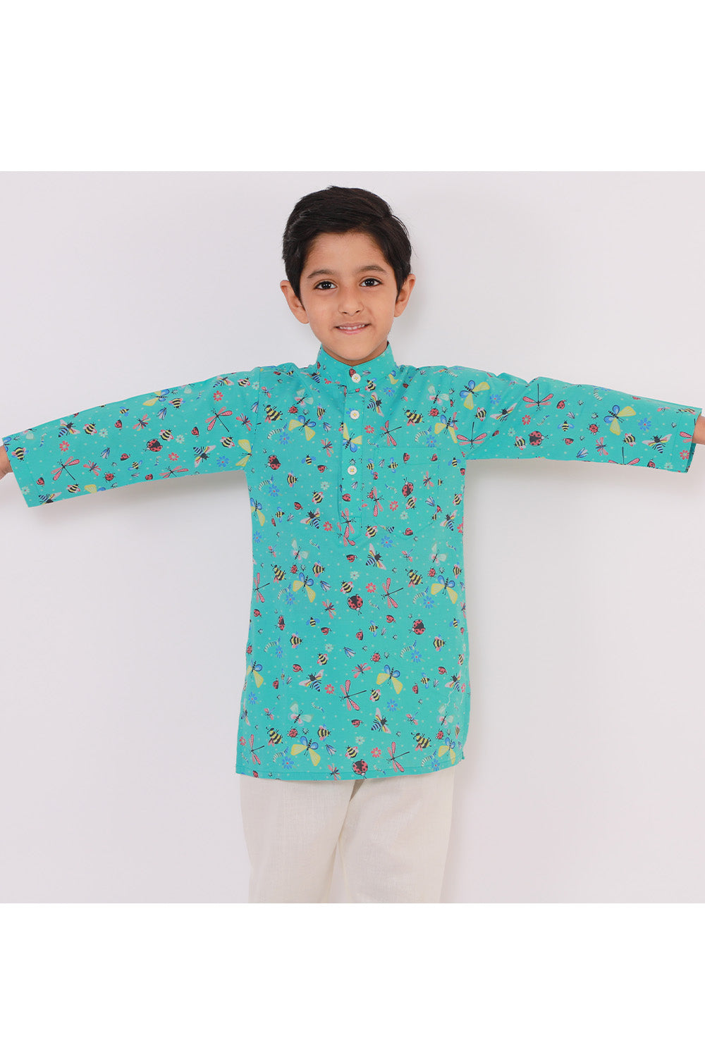 Blue Printed Kurta With Off White Pyjama Set