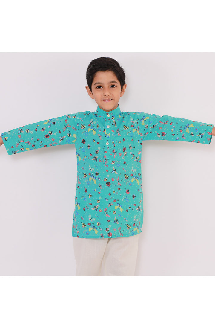 Blue Printed Kurta With Off White Pyjama Set