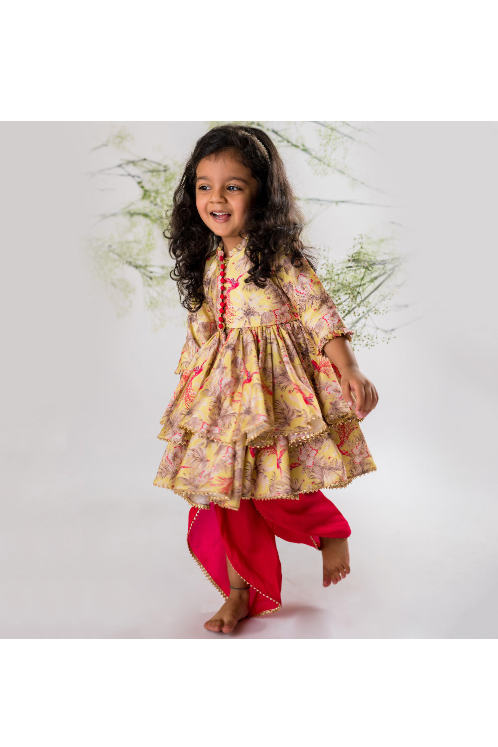 Yellow Bird Of Paradise Printed Peplum Style Top With Dhoti Set