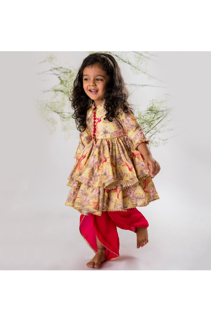 Yellow Bird Of Paradise Printed Peplum Style Top With Dhoti Set