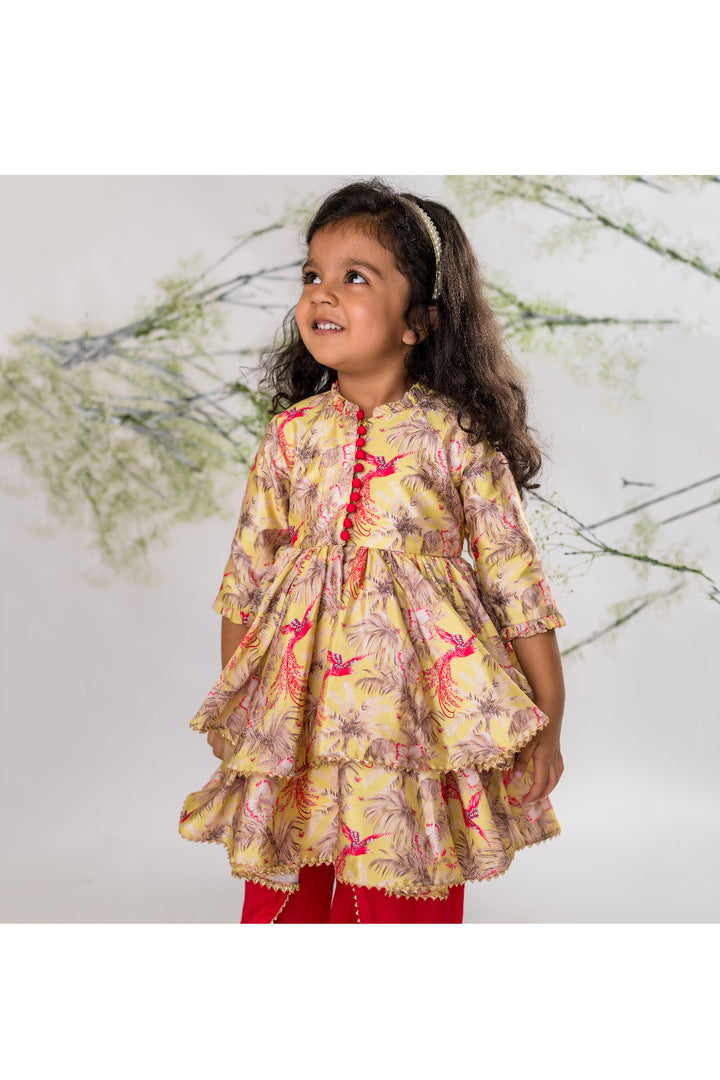 Yellow Bird Of Paradise Printed Peplum Style Top With Dhoti Set