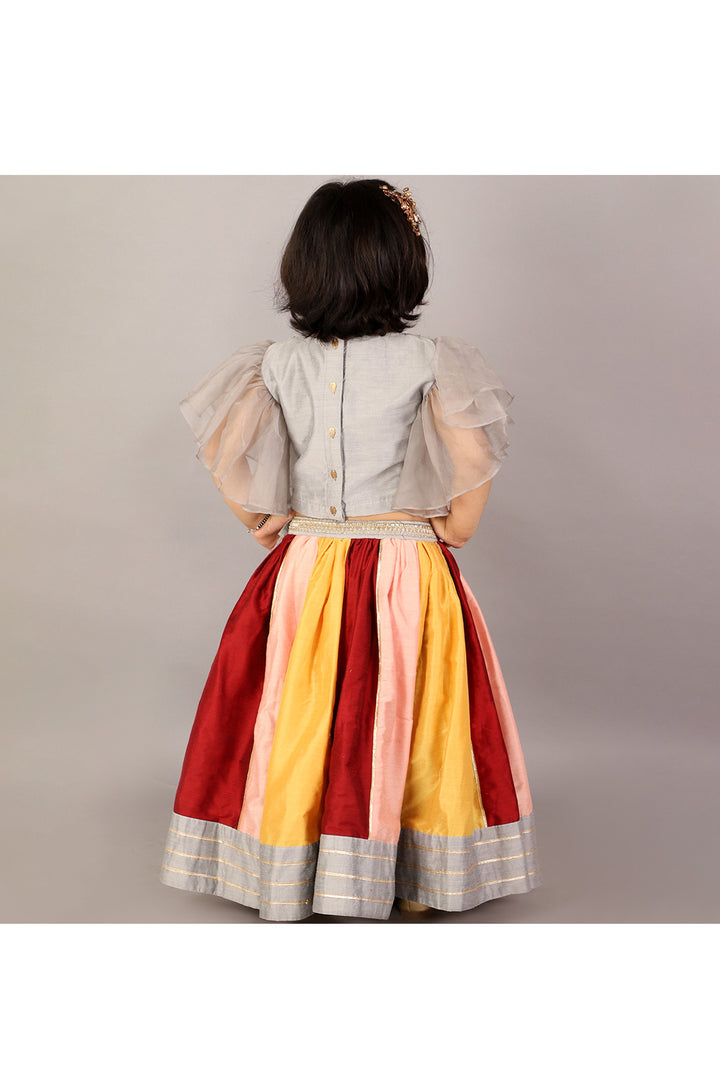 Grey Cotton Silk Peacock Embroidered Top With Multicolor Lehenga Set