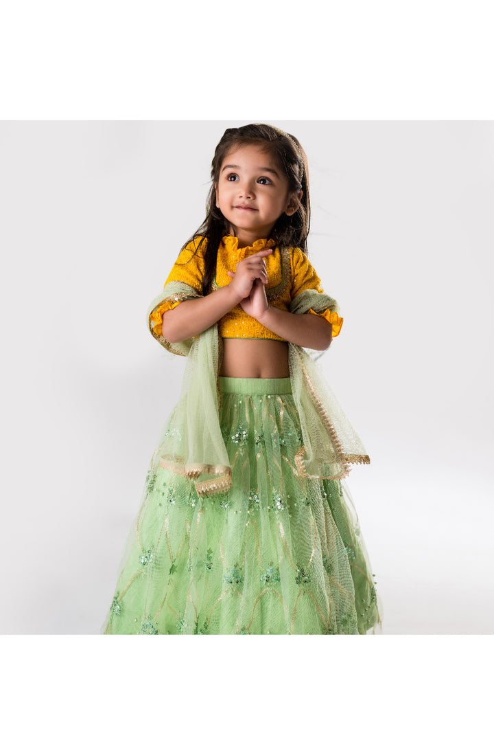 Mustard Yellow Sequins And Lace Detailing Top With Embroidered Lehenga Set