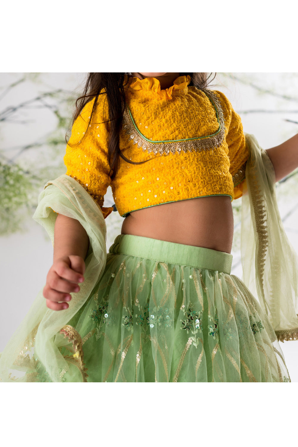 Mustard Yellow Sequins And Lace Detailing Top With Embroidered Lehenga Set