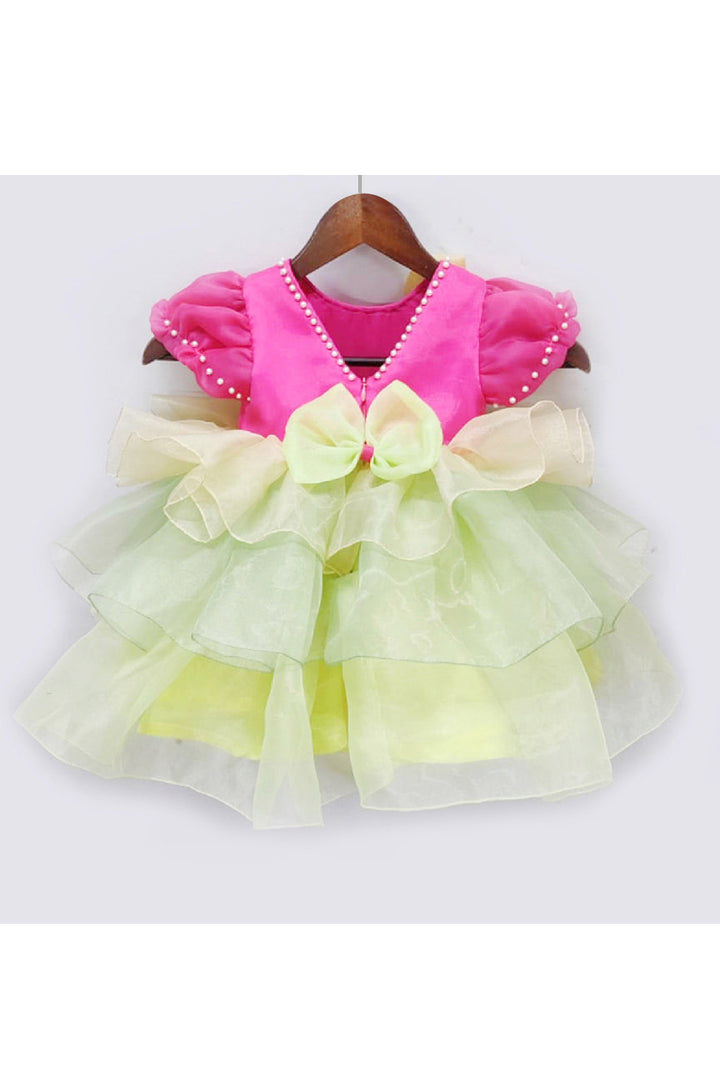 Pink And Green 3D Flower Detailing Organza Layered Dress