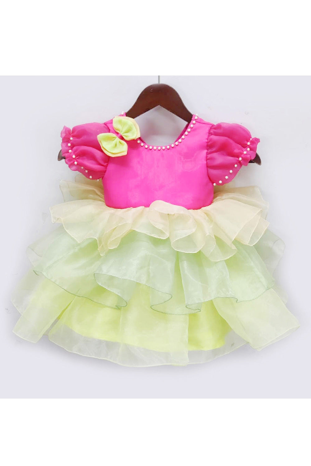 Pink And Green 3D Flower Detailing Organza Layered Dress