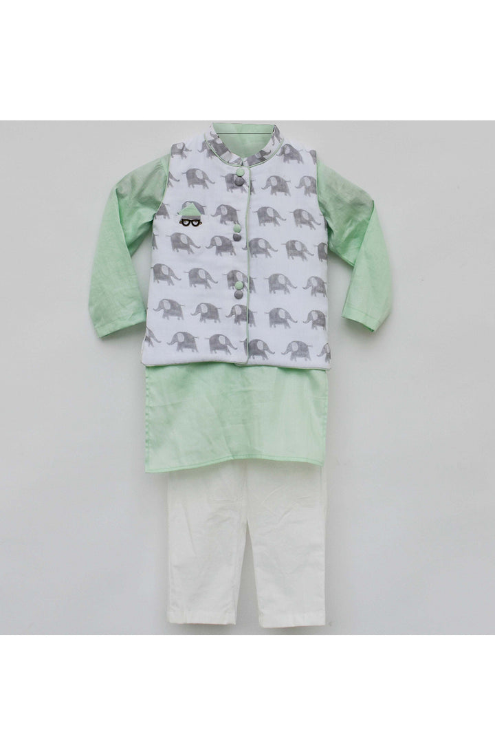 White elephant printed jacket with kurta pant set