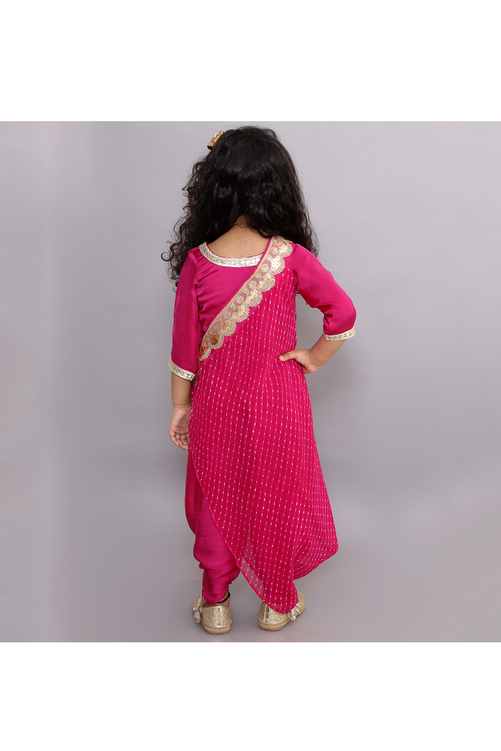 Magenta lehriya drape crop top with dhoti