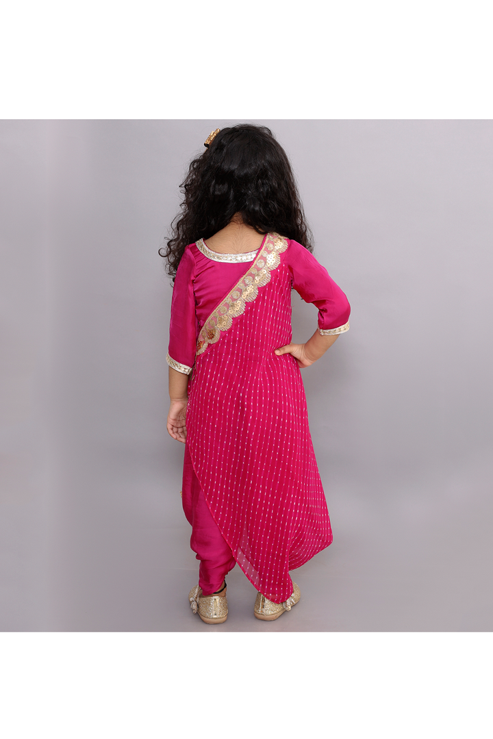 Magenta lehriya drape crop top with dhoti