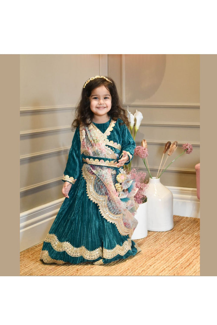 Green Crinkle Velvet Embroidered Top With Lehenga Set