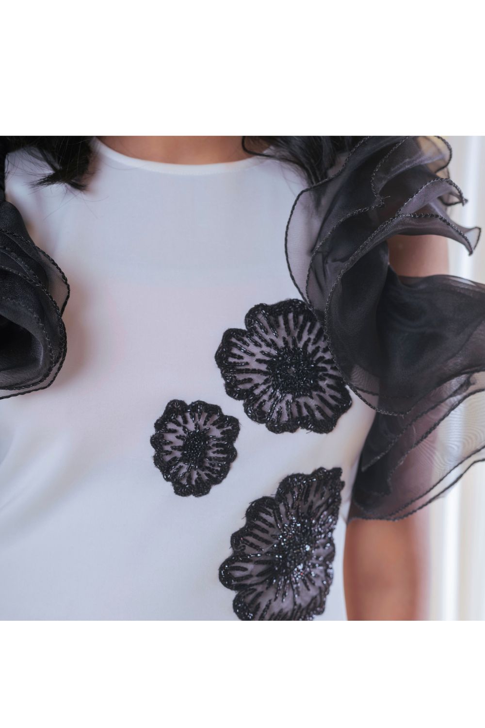 White And Black Floral Embroidered Ruffle Dress