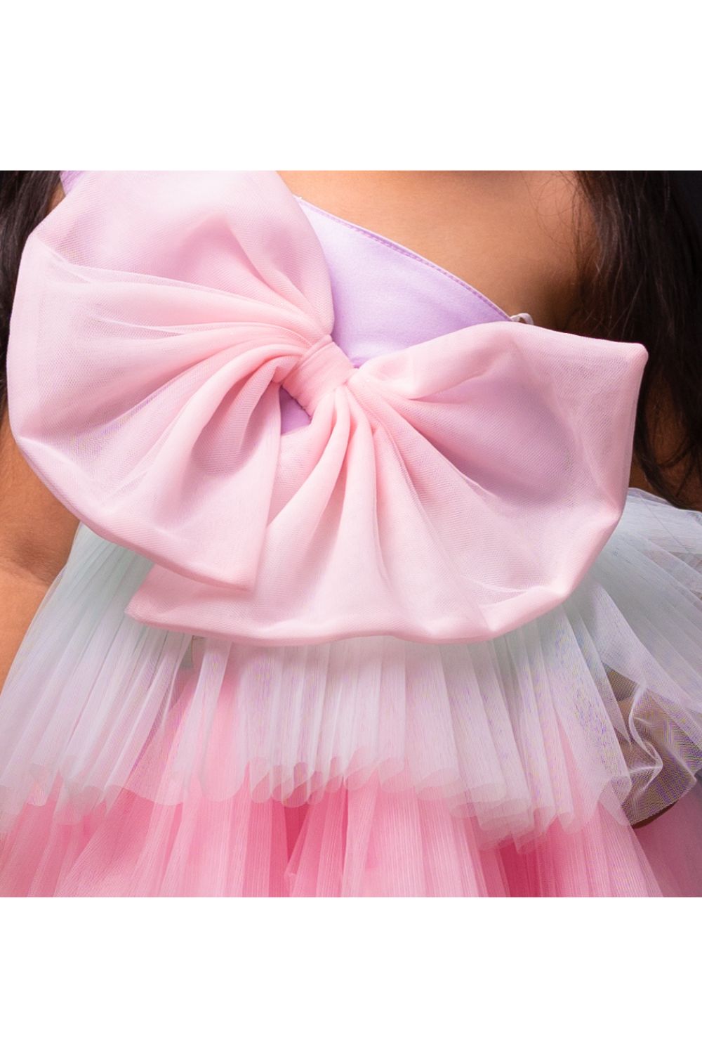 Multicolor Bow Detailing One Shoulder Net Frill Dress