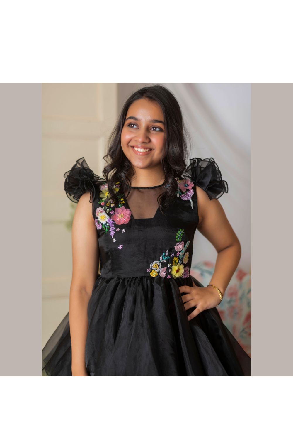 Black Flower Embellished High Low Dress