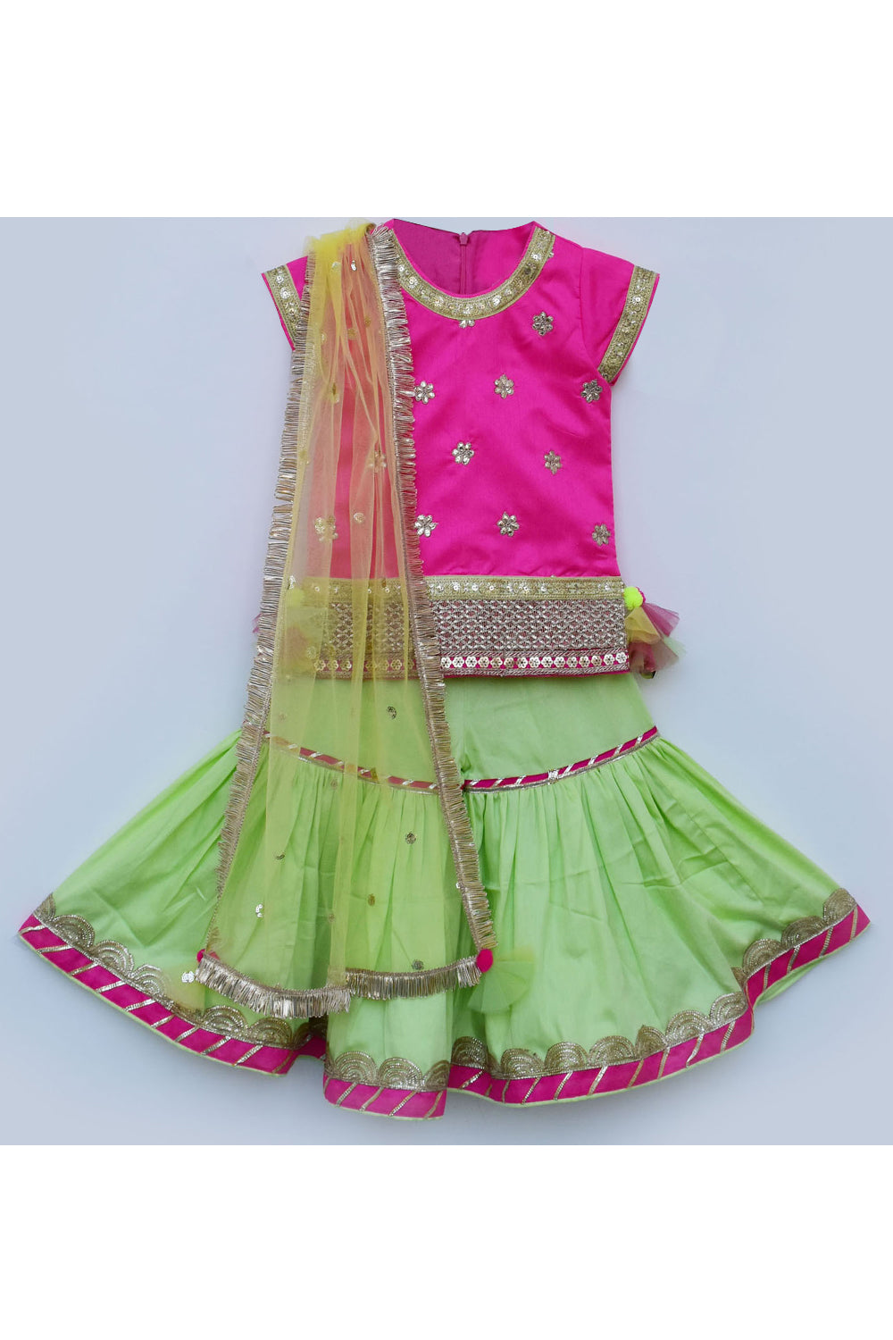 Hot pink floral embroidered kurti and sharara with dupatta