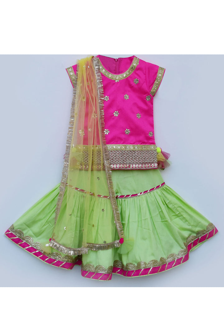 Hot pink floral embroidered kurti and sharara with dupatta