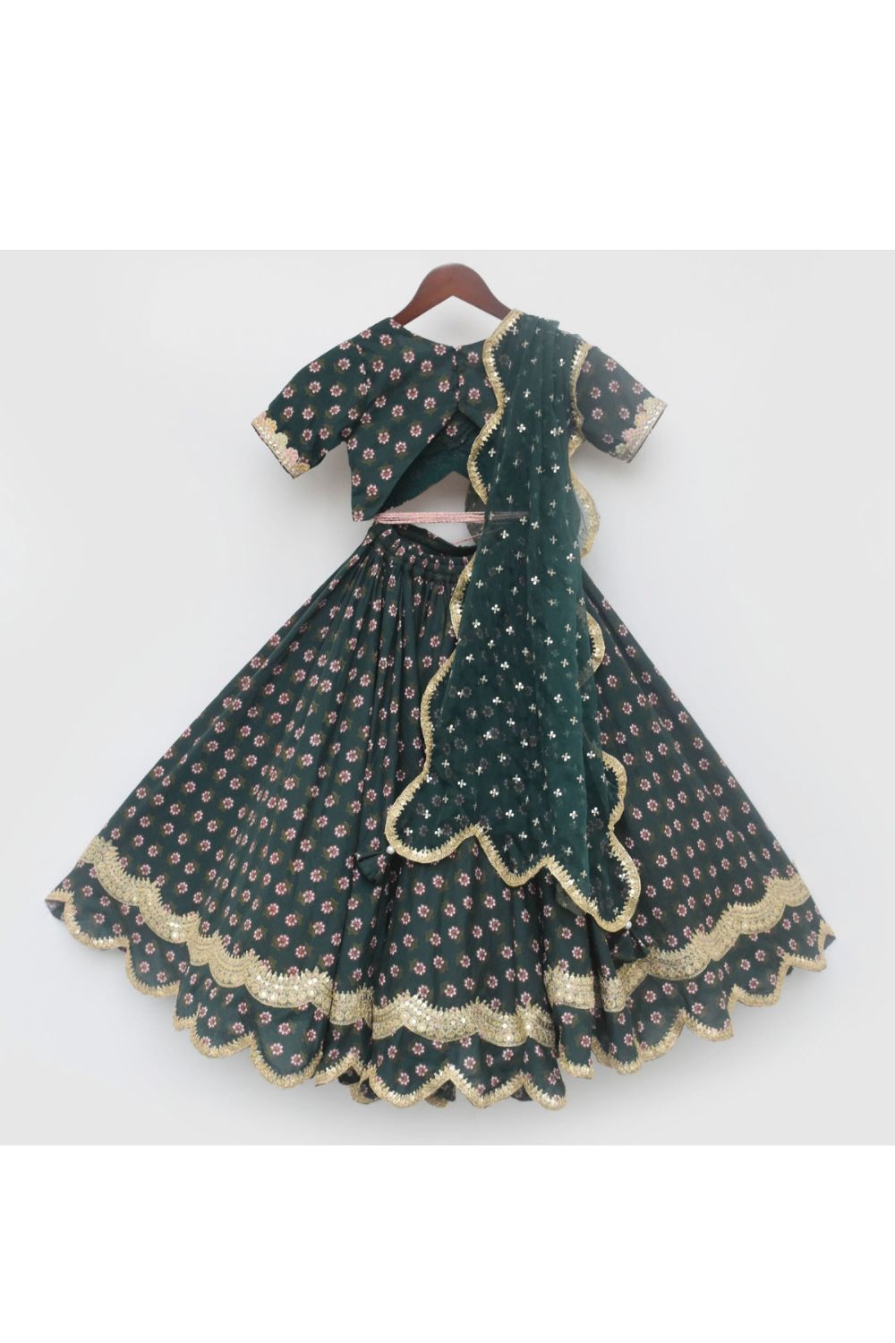 Golden Lace Detailing And Floral Printed Cotton Top With Lehenga Set