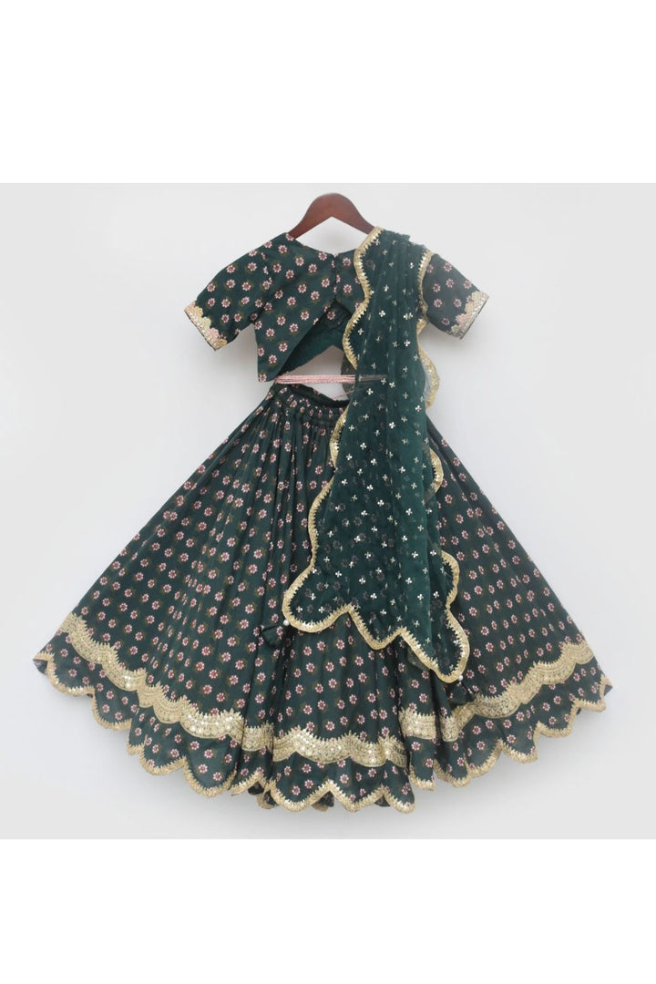 Golden Lace Detailing And Floral Printed Cotton Top With Lehenga Set