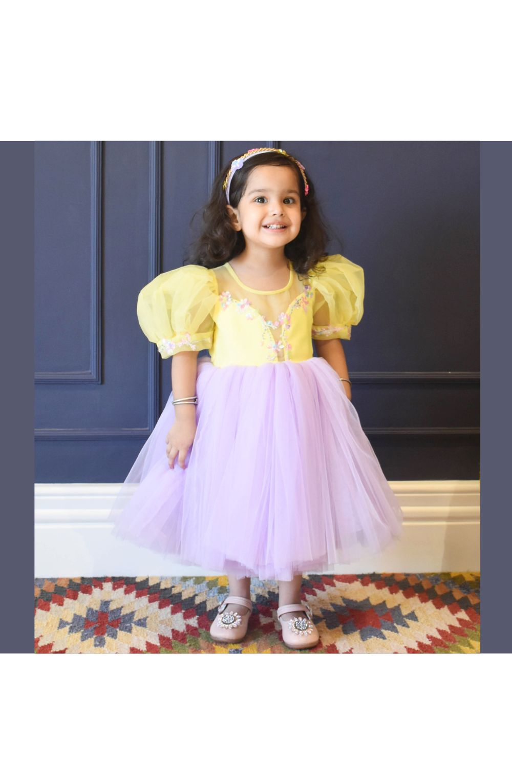 Yellow And Lilac Flower Embroidered Net Dress