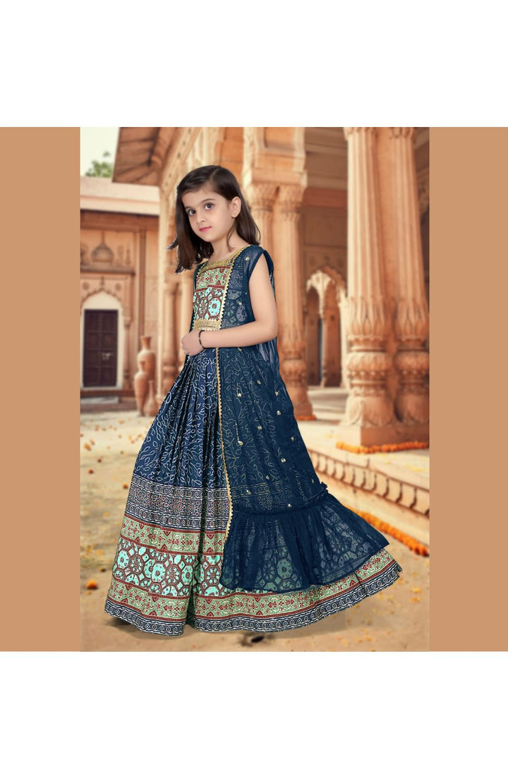 Dark Blue Printed Lace Detailing Sleeveless Top With Lehenga And Shrug Set