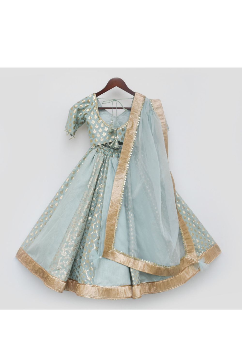 Blue Embroidered Chanderi Top With Lehenga Set