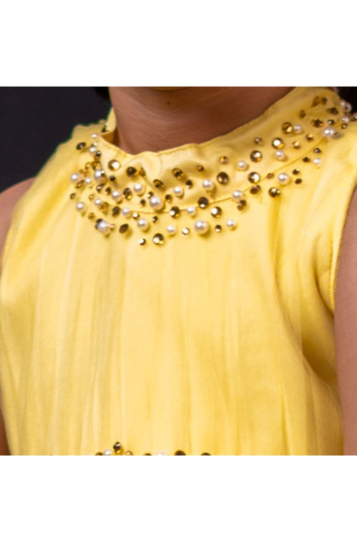 Yellow Pearl Detailing Net Frill Dress