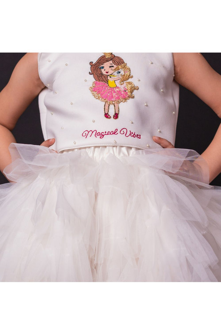 White Pearl Detailing Magical Vibes Top With High Low Skirt Set