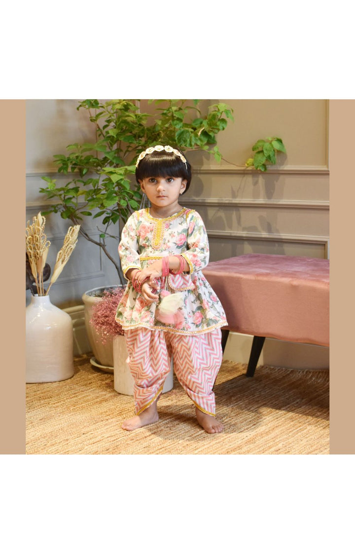 Pink Floral Printed Peplum Style Top With Dhoti Set