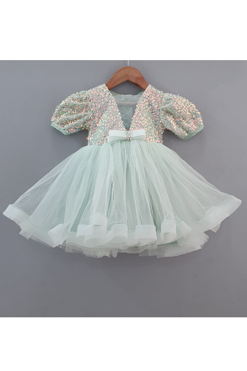 Mint Green Rainbow Sequins Embroidered Net Dress