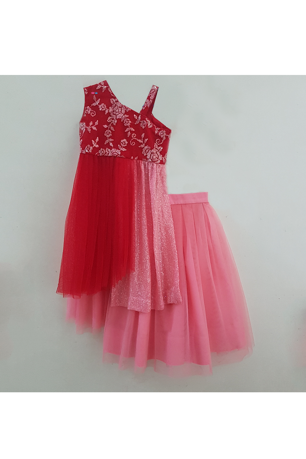 Red embroidered drape choli with pink lehenga