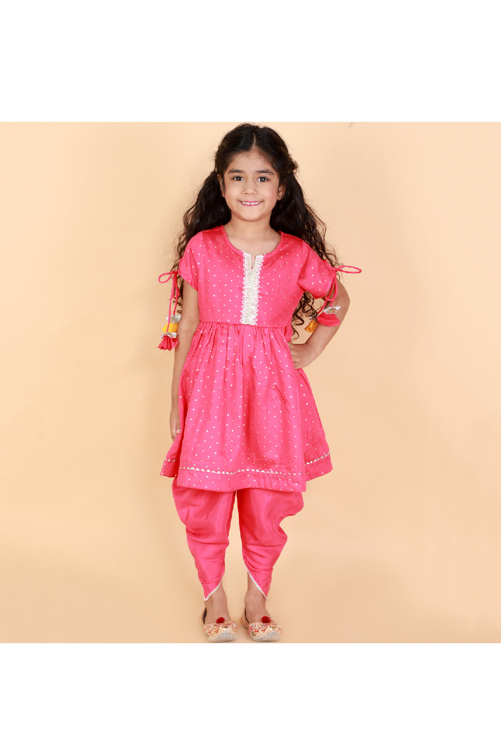 Pink Polka Dot Printed With Lace Detailing Peplum Style Kurta With Dhoti Set