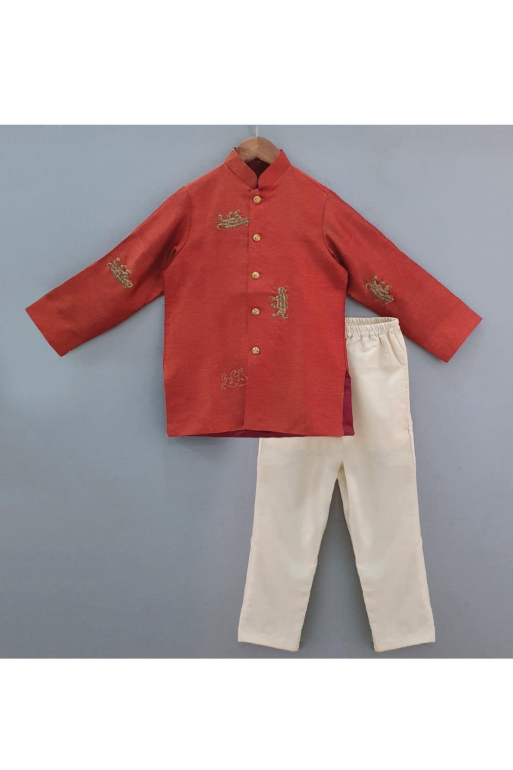Rust Lion Embroidered Cotton Kurta With Pyjama Set