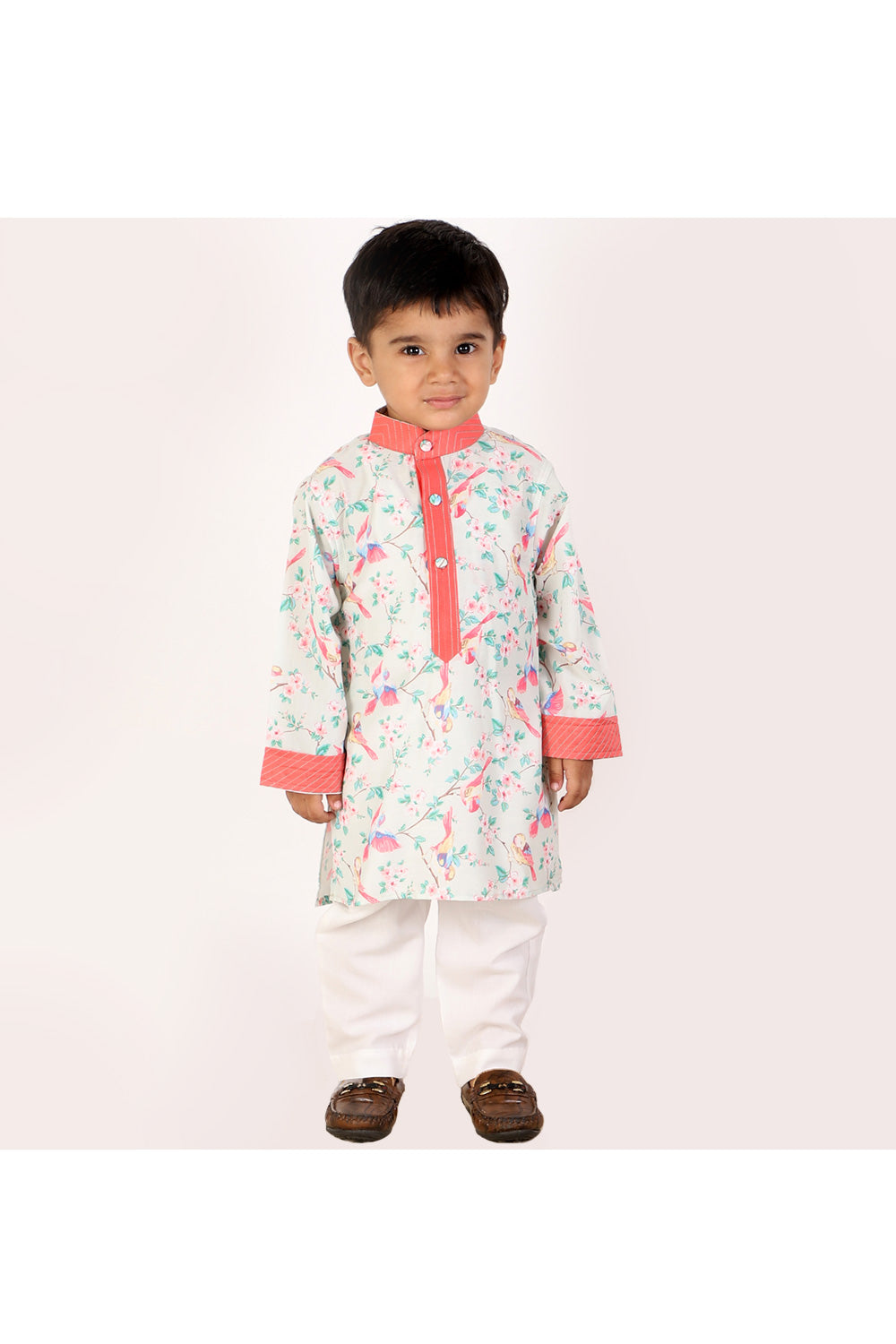 Multicolor Bird Printed Kurta With White Pyjama Set