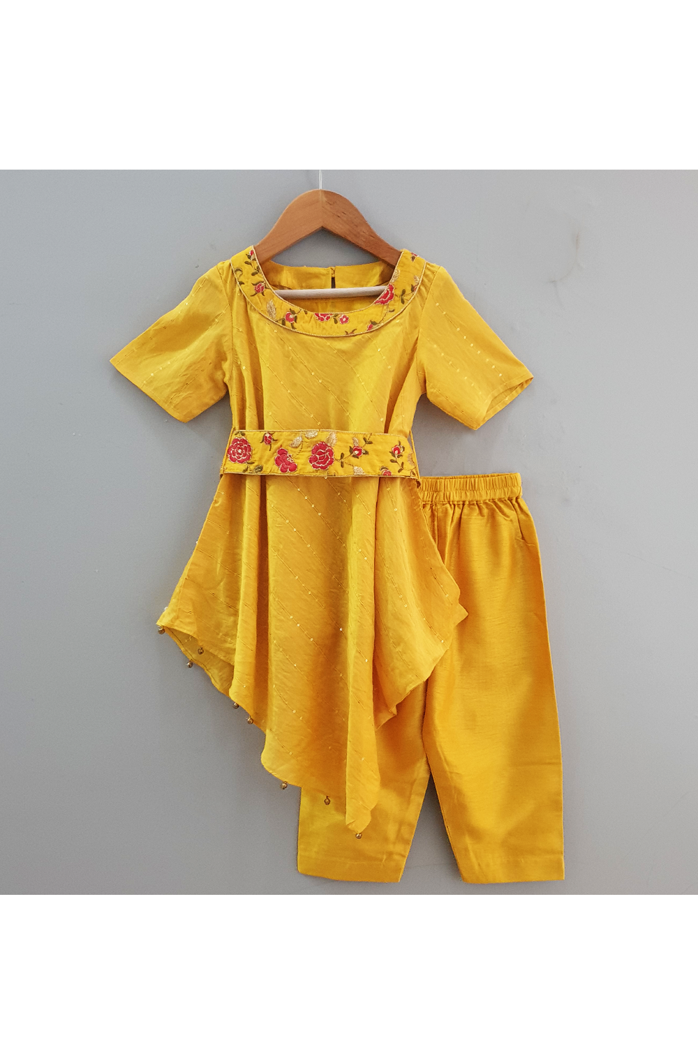 Yellow cowl kurta with embroidered belt and pants